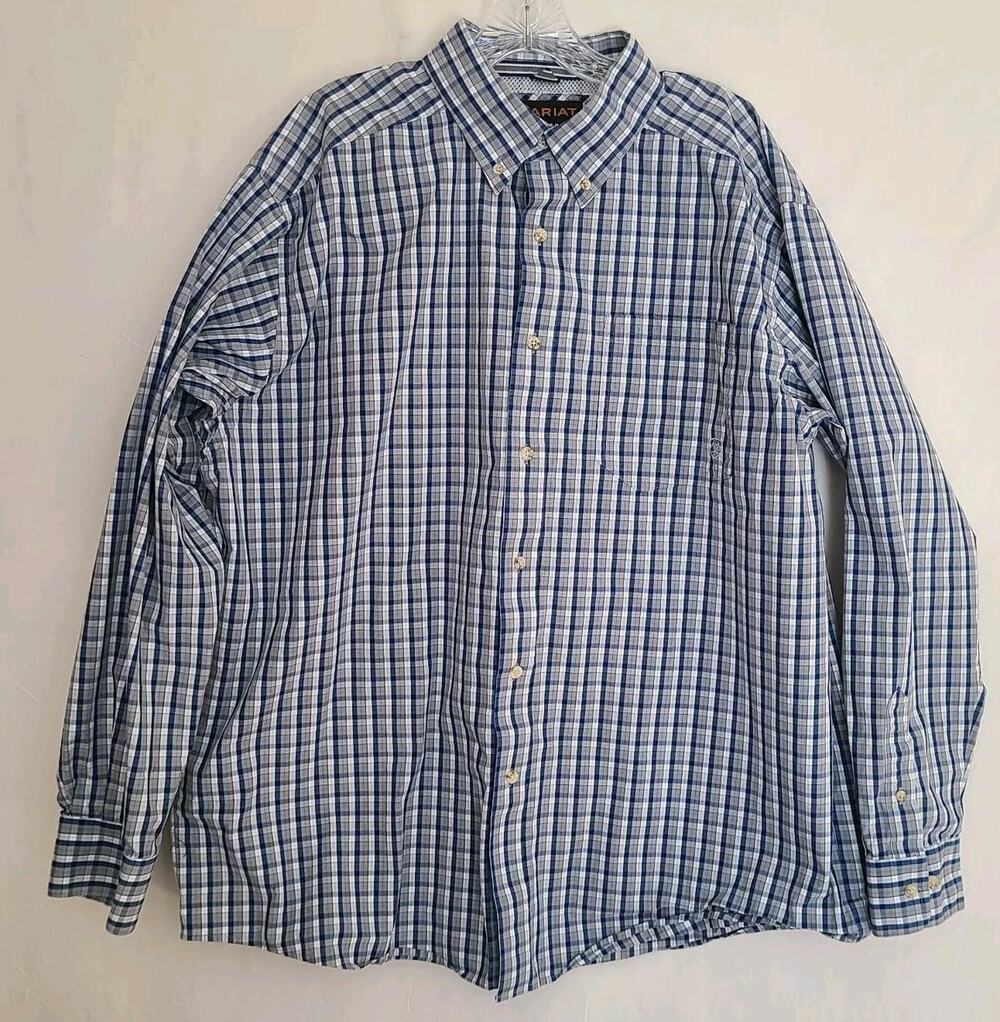 Ariat Pro Series Shirt Mens XL Blue Gray Plaid Button Up Long Sleeve Cowboy